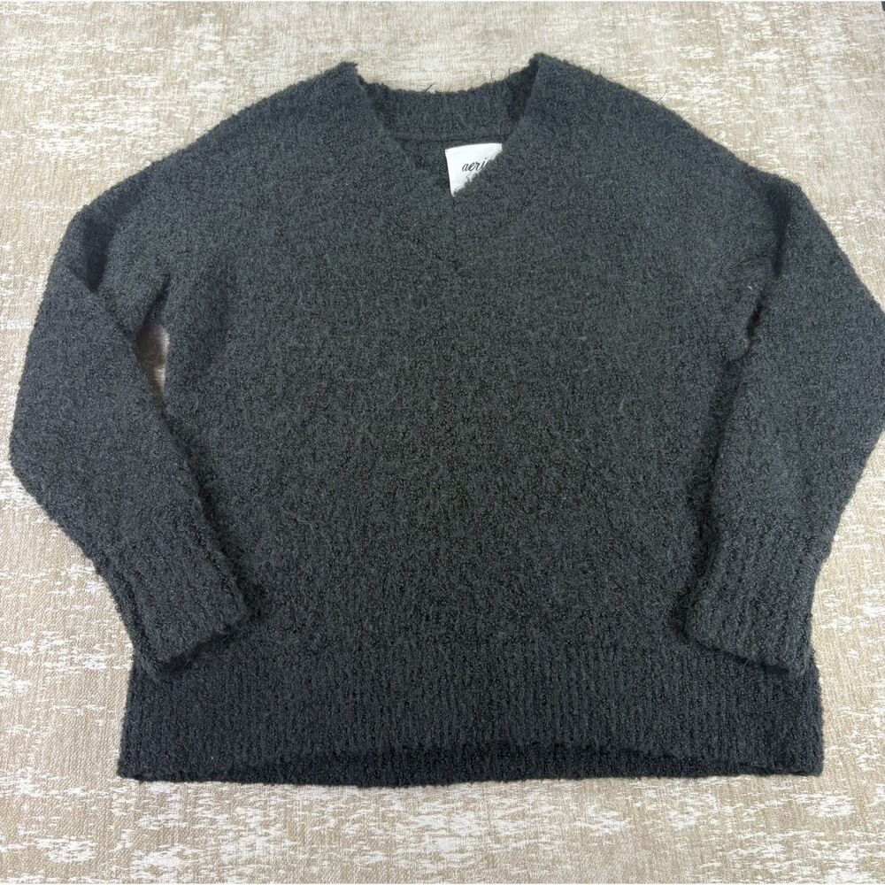 Aerie Cozy Fuzzy Charcoal Knit V-Neck Sweater Size Medium